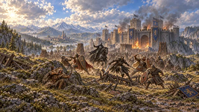 Людской отряд и всадник наступают на крепость с синими знамёнами.