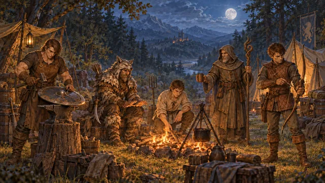 Кузнец, лучник, жрец и путники отдыхают у лесного костра.