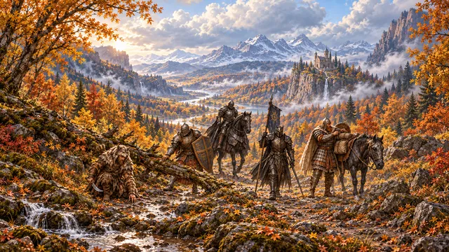 Рыцари, охотник и вьючные лошади идут через золотой осенний лес.