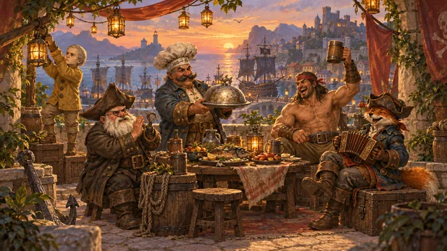 Пиратский повар подаёт ужин, лис играет музыку, моряки поднимают кружки.