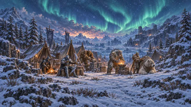 Северный лагерь с палатками, големом и белым медведем под сиянием.