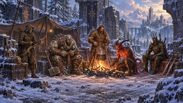 Скелет, великан, демон и воины отдыхают у костра в снежном дворе.