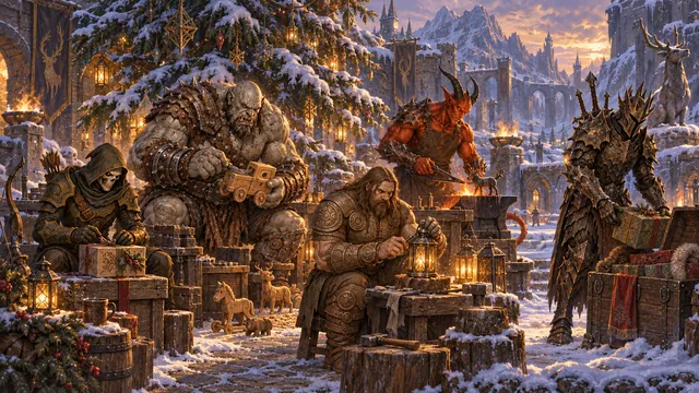 Великан, скелет, демон и воины делают игрушки и подарки в зимней мастерской.